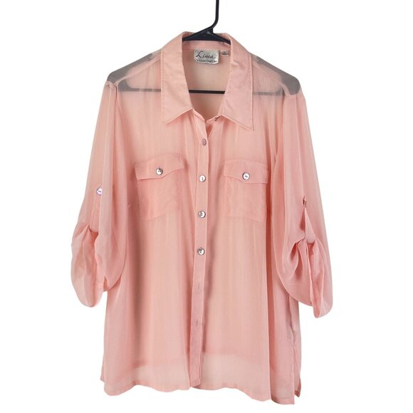 Lot of 2 Linea by Louis Dell O'lio Chiffon Button Front Blouses Pink Black Sz XL - Picture 2 of 9